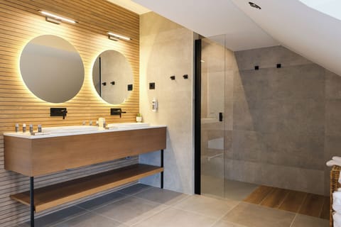 Shower, rainfall showerhead, hair dryer, bathrobes