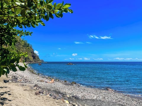 On the beach, black sand