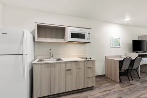 Full-size fridge, microwave, stovetop