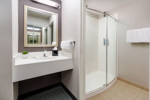 Combined shower/tub, hair dryer, towels