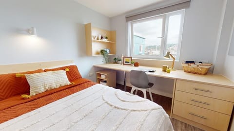 Desk, laptop workspace, free WiFi, bed sheets