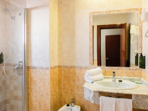 Combined shower/tub, hair dryer, bidet, towels