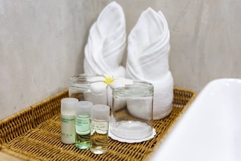 Shower, rainfall showerhead, free toiletries, hair dryer