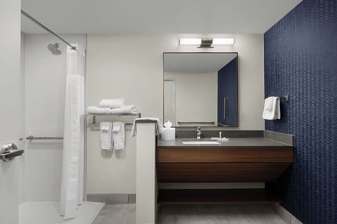 Suite, Multiple Beds (Mobility/Hearing Access, Roll-in Shwr) | Bathroom | Hair dryer, towels, soap, shampoo