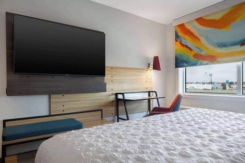 Desk, laptop workspace, blackout drapes, soundproofing