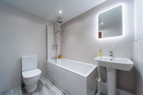 Hair dryer, towels, soap, shampoo