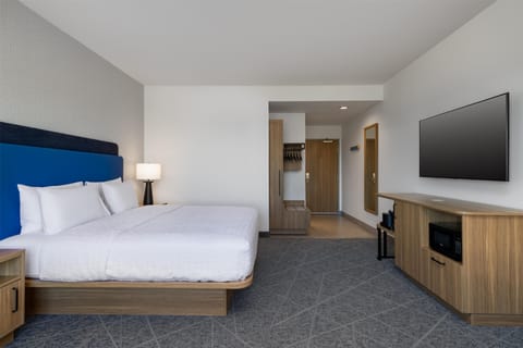 Down comforters, desk, laptop workspace, blackout drapes