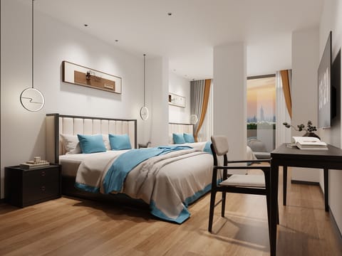 Hutong View Two Double Beds Quadruple Room with Balcony | Premium bedding, memory foam beds, desk, blackout drapes