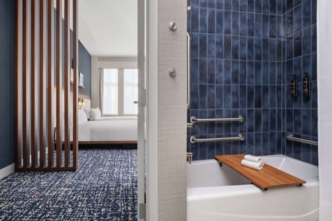 Hair dryer, bathrobes, slippers, towels