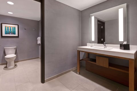 Combined shower/tub, designer toiletries, hair dryer, towels