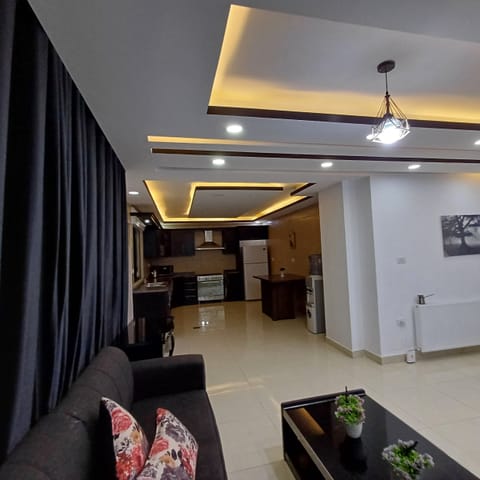 Flat-screen TV, fireplace