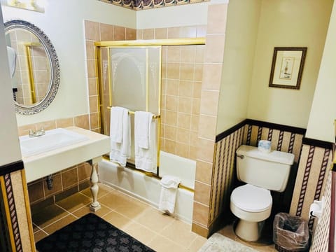 Combined shower/tub, free toiletries, hair dryer, towels