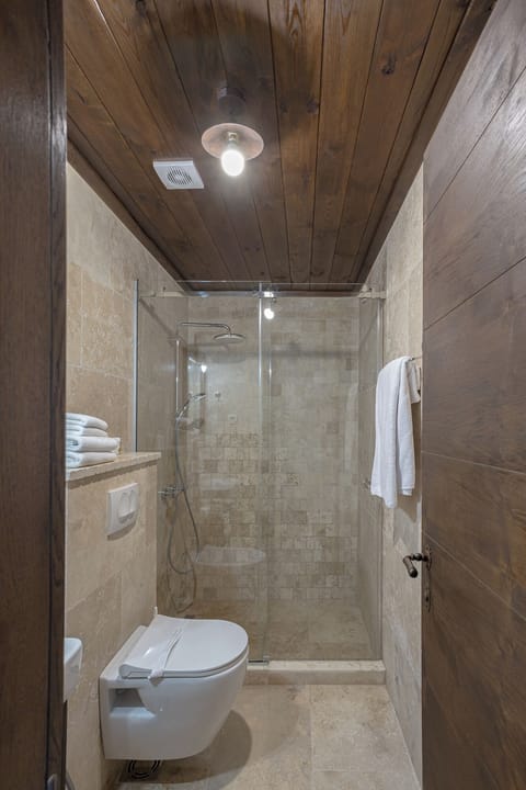 Shower, hair dryer, slippers, towels