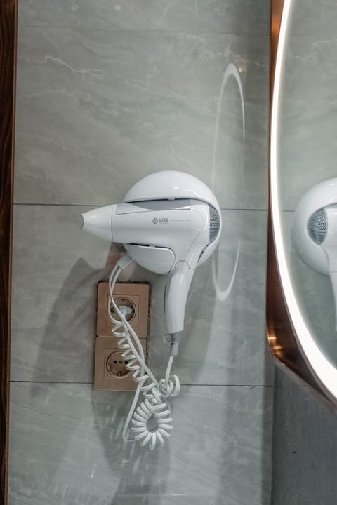 Hair dryer, towels, soap, shampoo