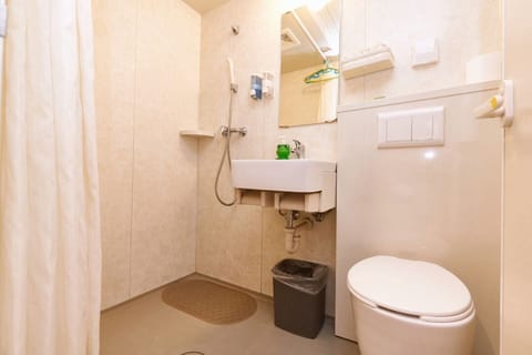 Shower, hair dryer, towels, shampoo