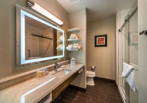 Combined shower/tub, hair dryer, towels