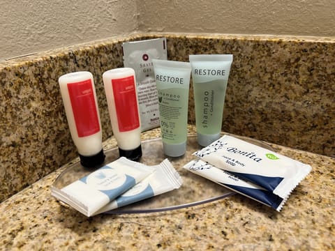 Towels, soap, shampoo, toilet paper