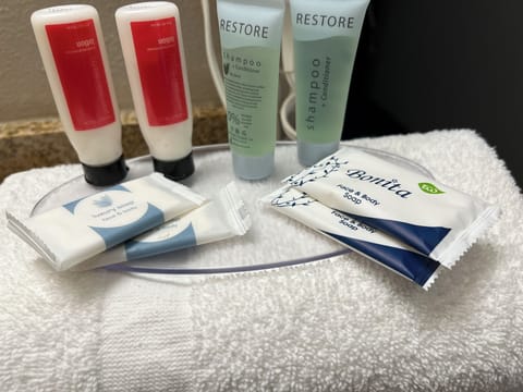 Towels, soap, shampoo, toilet paper