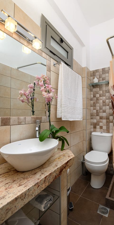 Shower, hair dryer, slippers, towels