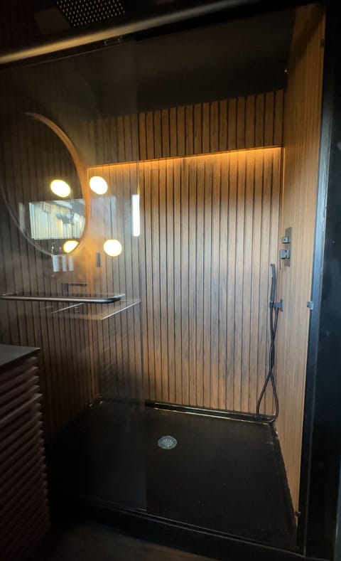 Shower, rainfall showerhead, hair dryer, towels