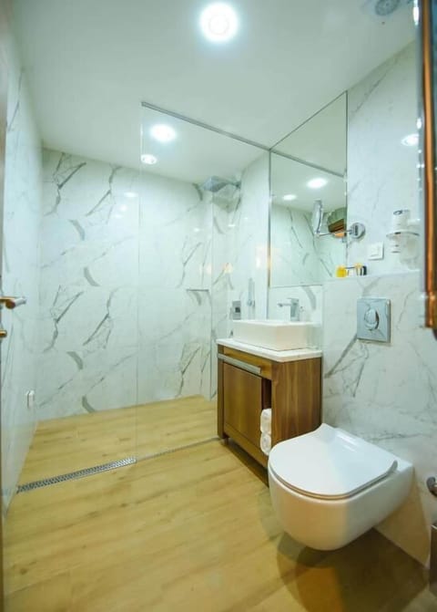 Shower, hair dryer, bathrobes, slippers