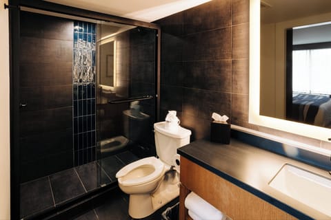 Shower, designer toiletries, hair dryer, towels