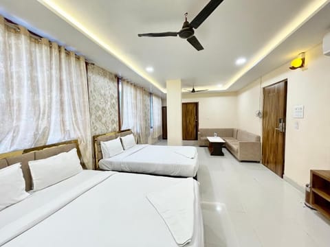 Premium bedding, desk, laptop workspace, soundproofing