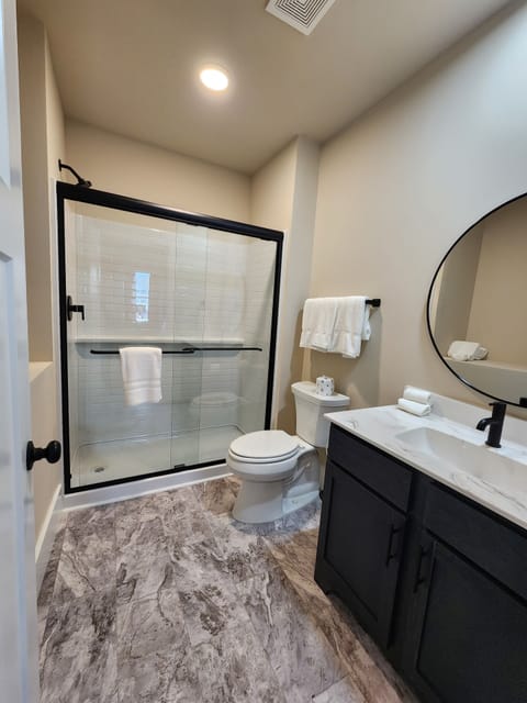 Hair dryer, towels, soap, shampoo