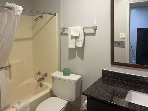 Combined shower/tub, free toiletries, hair dryer, towels
