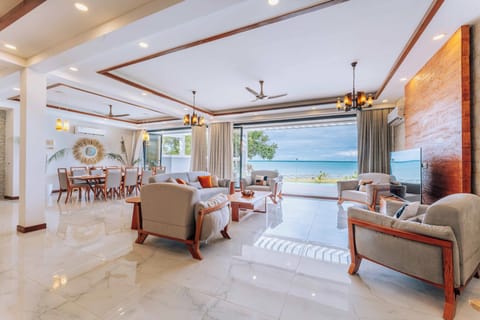 Luxury Villa, Private Pool, Sea View | Living area | 75-inch TV with cable channels, Netflix, streaming services