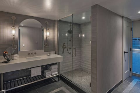 Hair dryer, bathrobes, towels, soap