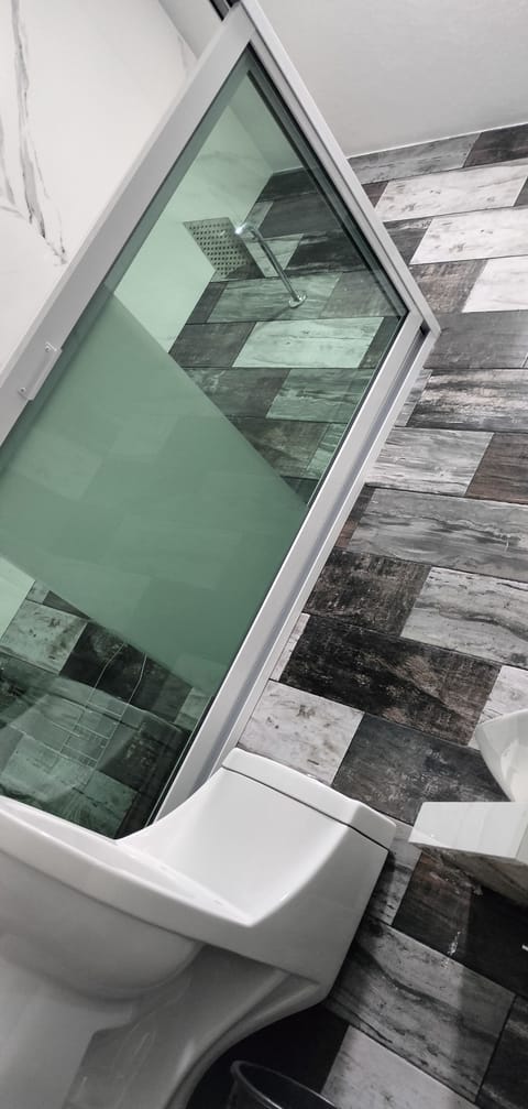 Shower, towels, soap, shampoo