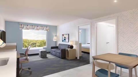 Desk, laptop workspace, blackout drapes, iron/ironing board