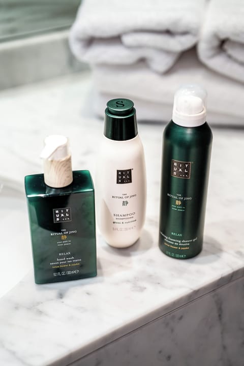 Combined shower/tub, free toiletries, hair dryer, towels