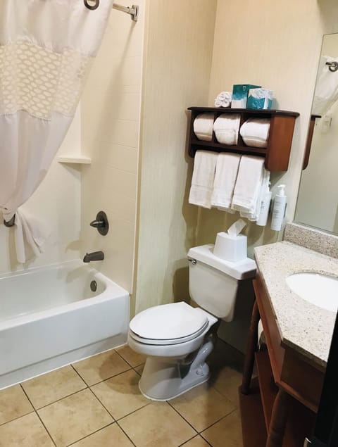 Combined shower/tub, hair dryer, towels, soap