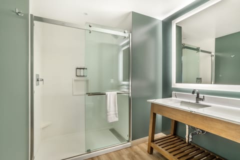 Hair dryer, towels, soap, shampoo