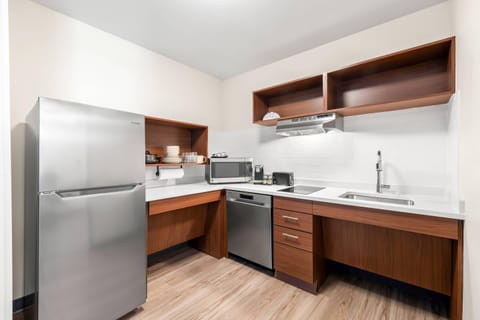 Desk, laptop workspace, blackout drapes, iron/ironing board