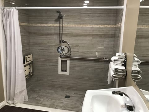 Standard Single Room, 1 Queen Bed, Roll-in Shower, Non Smoking | Bathroom | Towels, soap, shampoo, toilet paper