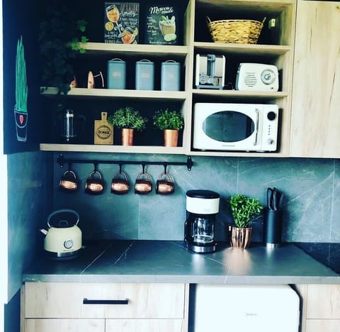Comfort Chalet | Private kitchen | Fridge, microwave, stovetop, electric kettle