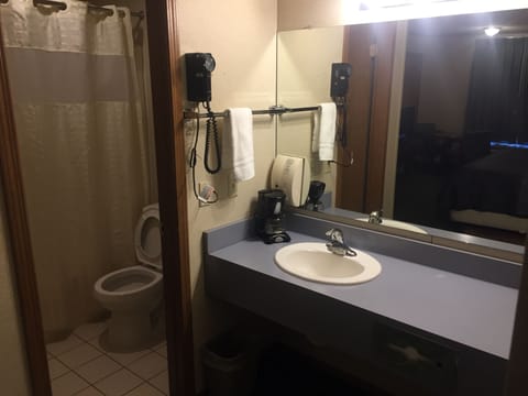 Combined shower/tub, free toiletries, hair dryer, towels