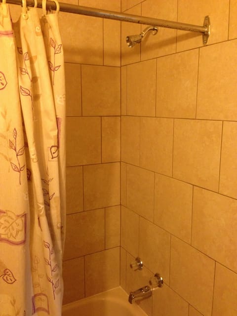 Combined shower/tub, deep soaking tub, free toiletries, towels