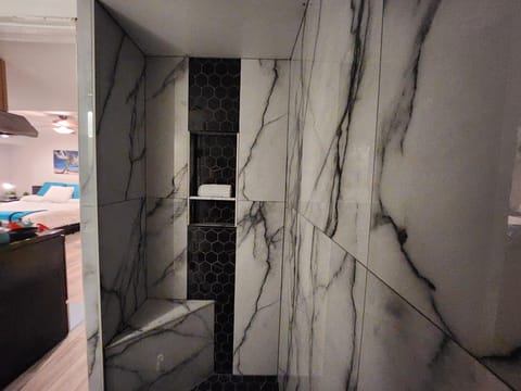 Shower, free toiletries, hair dryer, towels