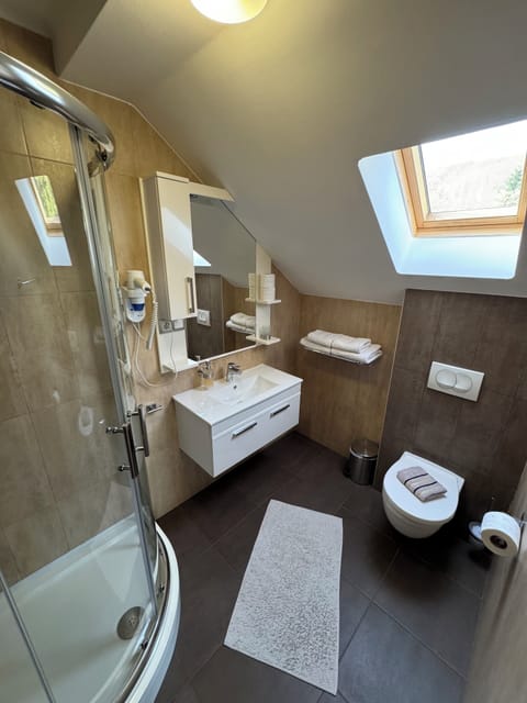 Comfort Double Room, Garden View | Bathroom | Shower, hair dryer, towels, soap