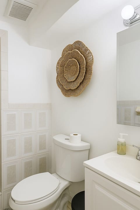 Combined shower/tub, free toiletries, towels, soap