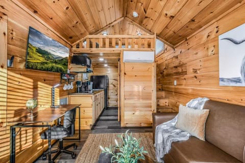 Comfort Cabin, Mountain View | Living area | 32-inch Smart TV with digital channels, fireplace, books