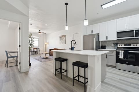 Deluxe Apartment, 1 Bedroom | Private kitchen | Fridge, microwave, oven, stovetop