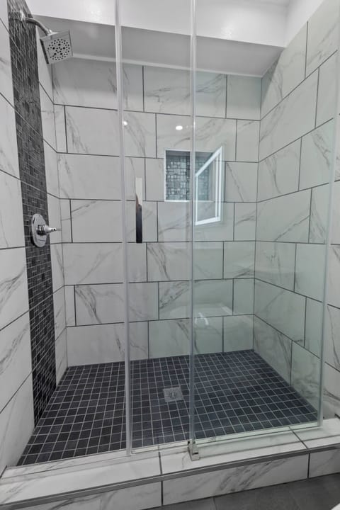 Shower, towels, soap, shampoo