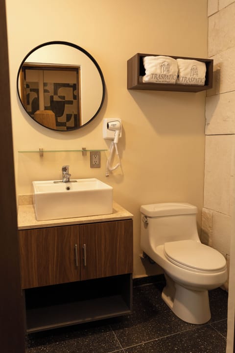 Shower, hair dryer, soap, shampoo