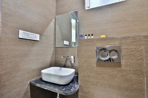 Shower, slippers, towels, soap