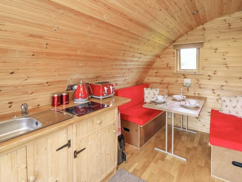 Fridge, electric kettle, toaster, cookware/dishes/utensils